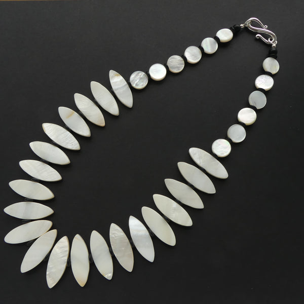 Necklace of Mother of Pearl Beads in Flat Oval and Round Shapes, 19.5 inches long