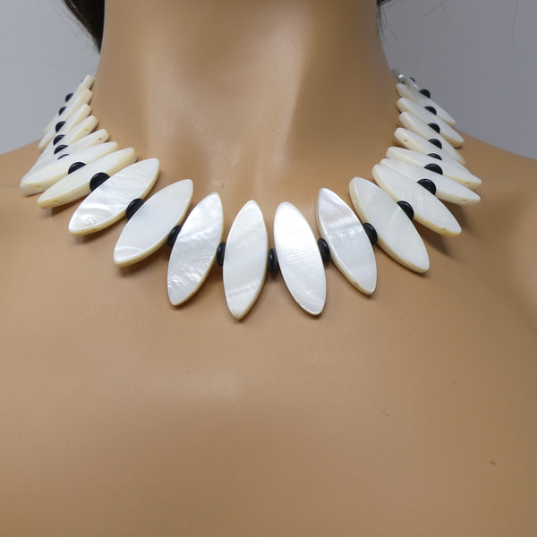 Necklace of Mother of Pearl Beads in Flat Oval and Round Shapes, 19.5 inches long