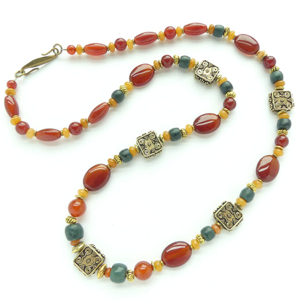 Necklace of Carnelian, Guatemalan Jade and Yellow Jasper with Brass, 28 inches long