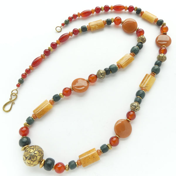 Necklaces, Red Aventurien, Carnelian, Yellow Jasper, Dark Jade & Brass, 34 inches Long