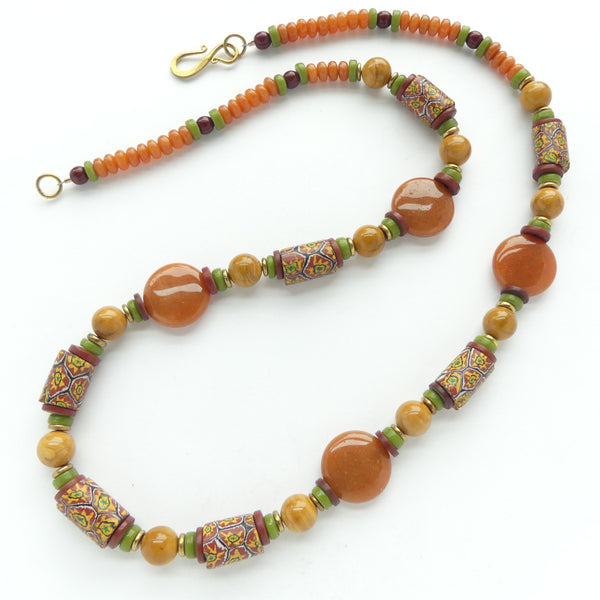 Necklace, Millefiori Trade Beads, Red Aventurine, Yellow Jasper & Glass, 27 inches long