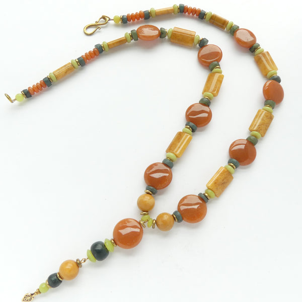 Necklace of Yellow Jasper, Red Aventurine, Olive Jade, Brass and Glass, 34 inches Including Pendant