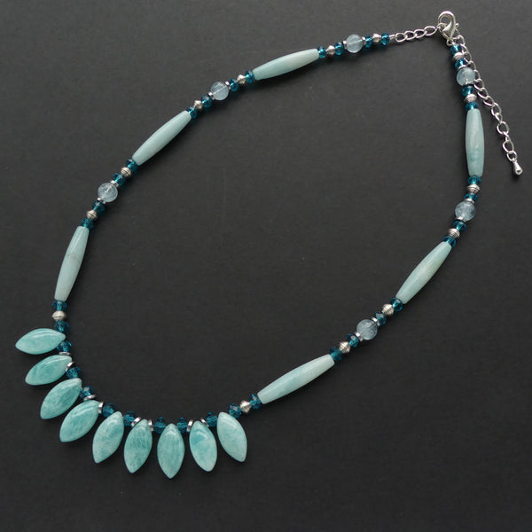 Amazonite and Aquamarine with Aqua Crystals & Sterling Silver, Adjustable 16-19 inches
