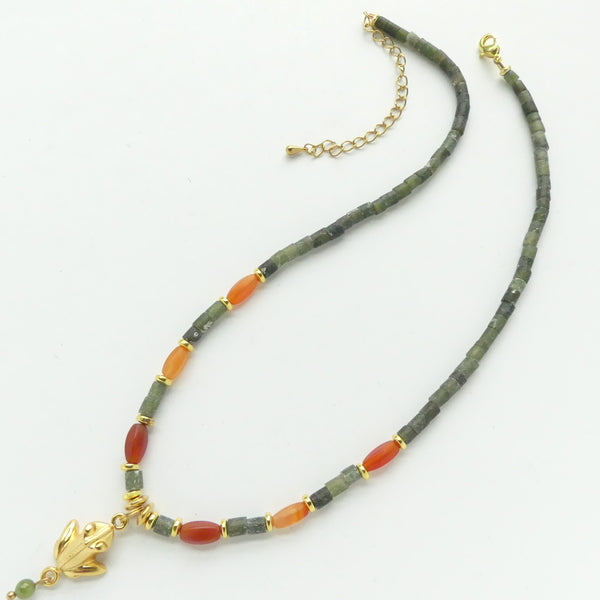 Pre-Columbian Gold Frog Reproduction with Serpentine & Carnelian, 16-19 inches long