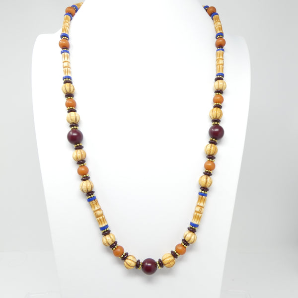 Necklace, Bone, Carved & Antiqued with Amber & Burgundy Resin,  28 inches Long