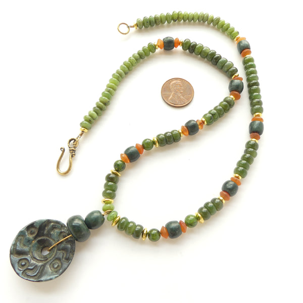 Necklace, Maya Jade with Carved Round Pendant and Carnelian, 23 inches