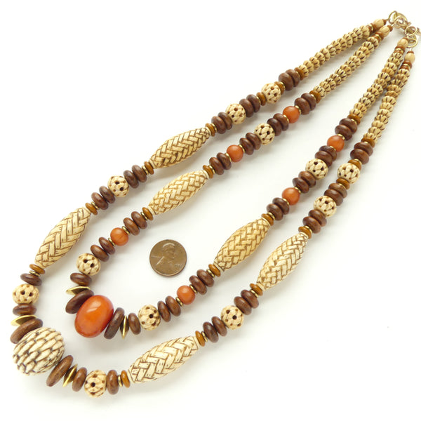 Necklace, Vintage Bone Beads in Basketweave Patterns Wood & Brass, 24 inches long