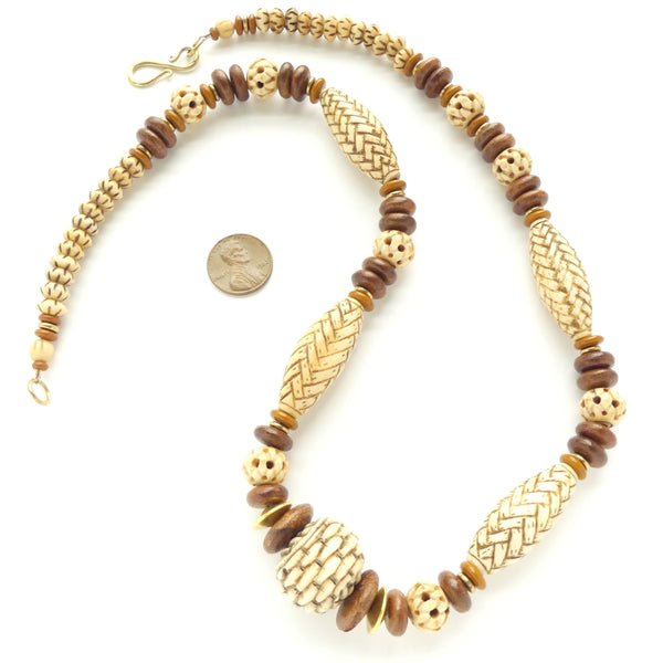 Necklace, Vintage Bone Beads in Basketweave Patterns Wood & Brass, 24 inches long