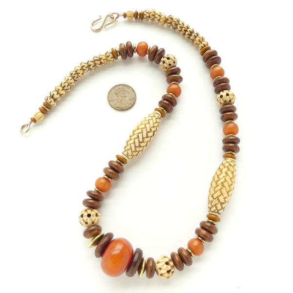 Necklace, Vintage Bone Beads with Faux Amber, Wood & Brass, 21 inches