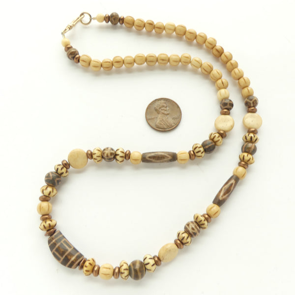 Necklace, Bone Beads with Vintage Pumtek Beads and Copper,  21 inches