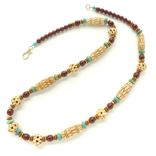 Necklace: Vintage Carved Bone Beads with Turquoise, Glass & Brass, 25 inches