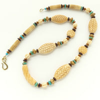Necklace, Vintage Bone Beads Carved in Many Shapes, Turquoise, Brass & Glass, 27 inches
