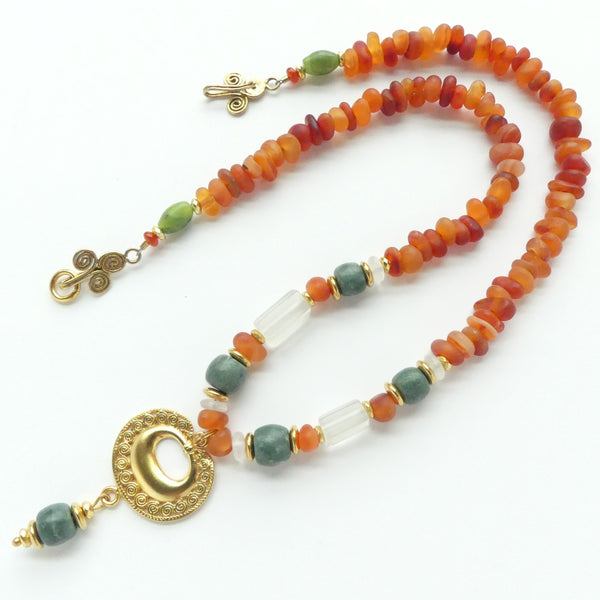 Pre-Columbian Gold Ornament Reproduction with Serpentine & Carnelian, 18 inches long