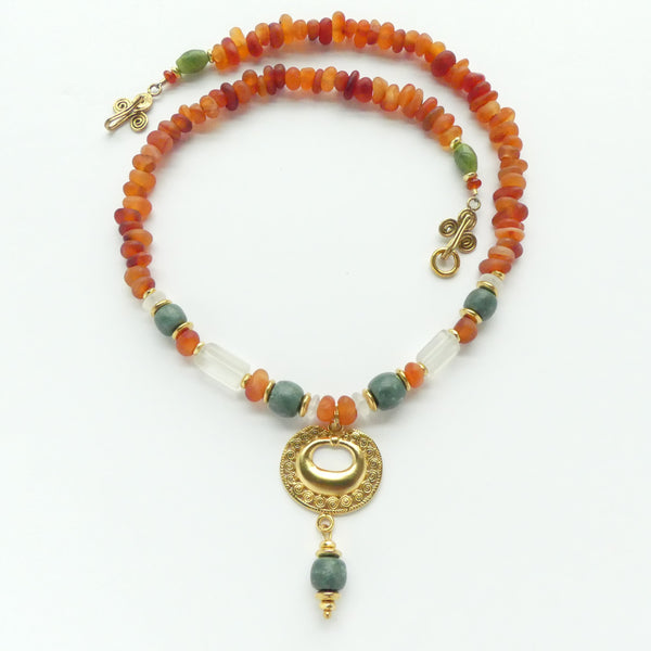 Pre-Columbian Gold Ornament Reproduction with Serpentine & Carnelian, 18 inches long
