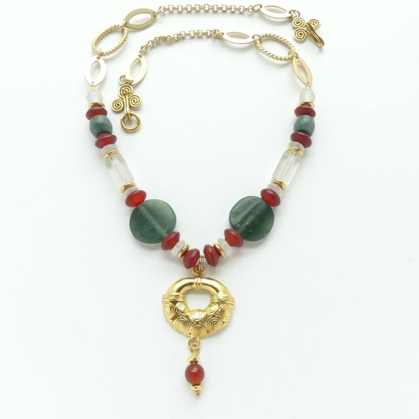 Pre-Columbian Reproduction Pendant with Serpentine, Carnelian & Crystal, 17 inches long