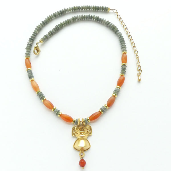 Pre-Columbian Gold Plated Reproduction with Serpentine & Carnelian, 15-18 inches long