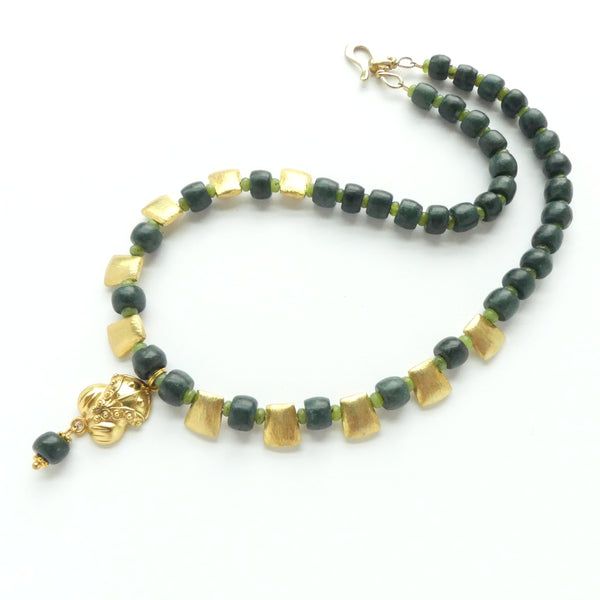 Guatemalan Serpentine with Gold Plated Axe Shape & Frog Pendants, 18 inches long