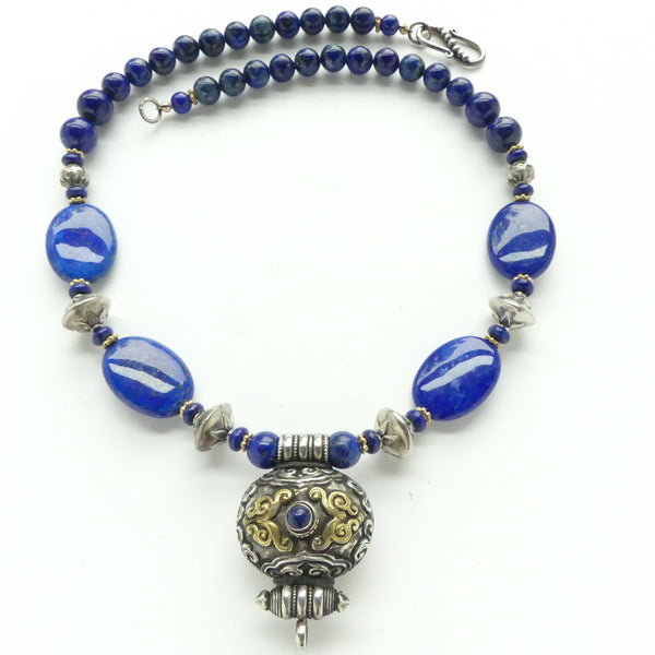 Lapis with Tibetan Vintage Pendant with Indian Silver Beads, 20 inches