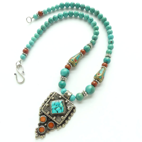 Nepalese Pendant with Turquoise and Coral Strung with TQ & Red Jasper, 17 inches long