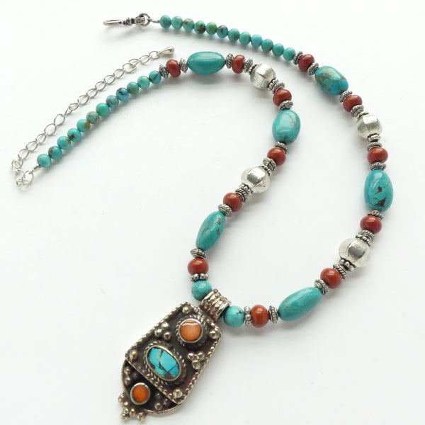 Nepalese Silver Pendant with Turquoise & Coral Strung with TQ and Red Jasper, Adjustable