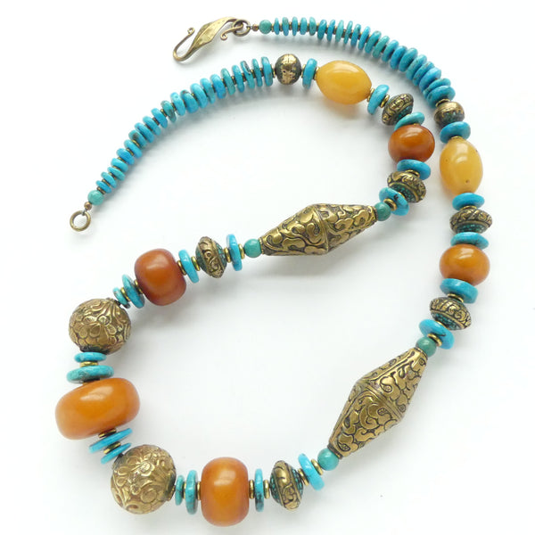 Turquoise, Amber & Nepalese Brass, Bold and Long Necklace, 29 inches