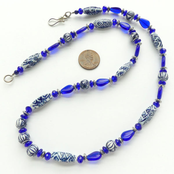 Blue and White Vintage Chinese Porcelain with Cobalt Blue Glass, 23 inches long