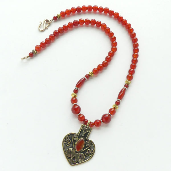 Carnelian with Turkoman Small Heart Shape Pendant &  Silver Beads, 17 inches long