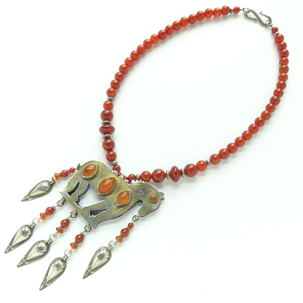 Antique Turkoman Horse Pendant with Carnleian and Silver, 19. inches