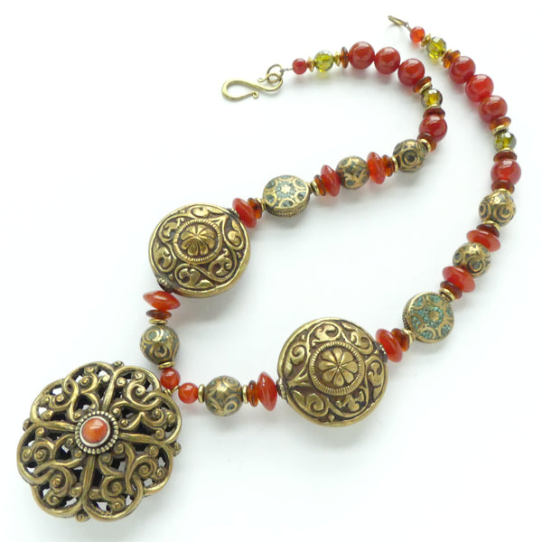 Himalayan Master Metalwork in Brass with Carnelian and Turquoise, 19 inches