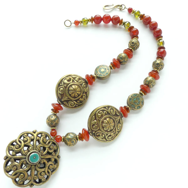 Himalayan Master Metalwork in Brass with Carnelian and Turquoise, 19 inches