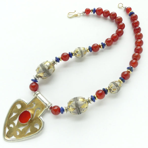 Carnelian with Turkoman Heart Pendant (2.5"), Turkoman Beads & Lapis, 19. inches long