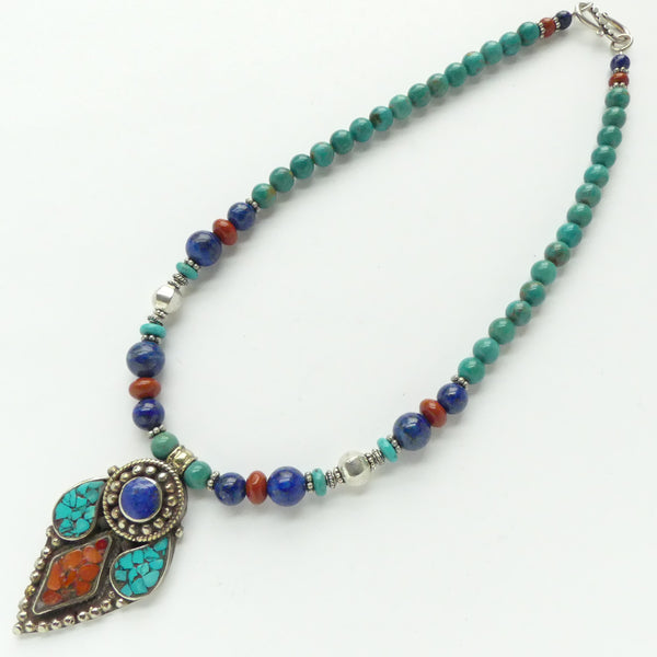 Nepalese Silver and Multi-Stone Pendant, Strung with Lapis, TQ & Red Jasper, 17.5 inches
