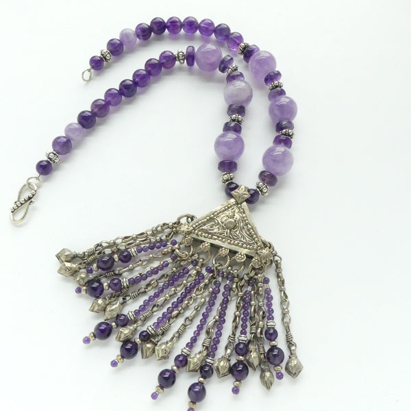 Amethyst and Cape Amethyst with Large Indian Silver Triangle Pendant, 18 inches