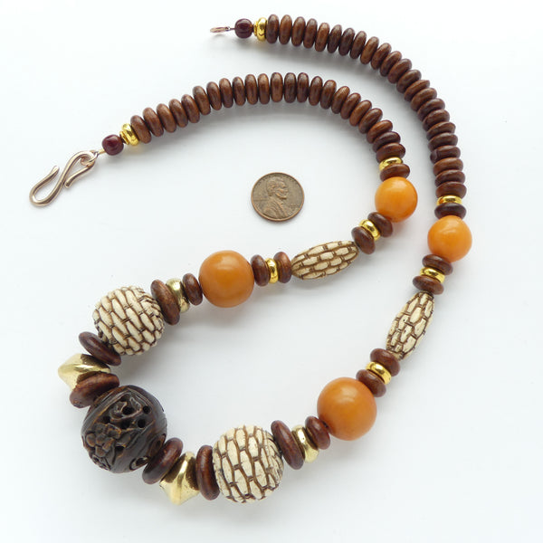 Necklace, Vintage Bone Beads Carved with Bamboo & Floral Designs, 24 inches long