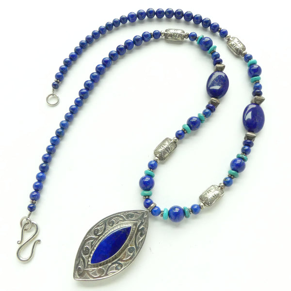 Lapis & Sterling Silver Afghan Pendant with Lapis, Silver & Turquoise Beads, 23 inches long