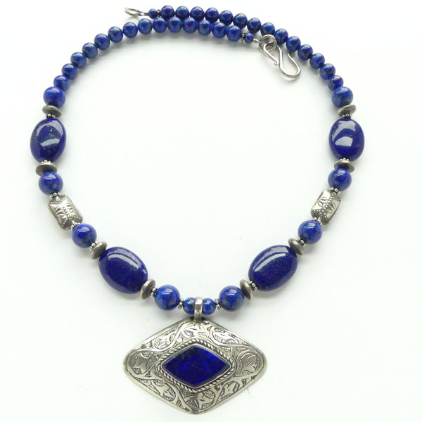 Lapis and Silver Afghan Engraved Pendant with 6mm Lapis Beads, 17 inches long