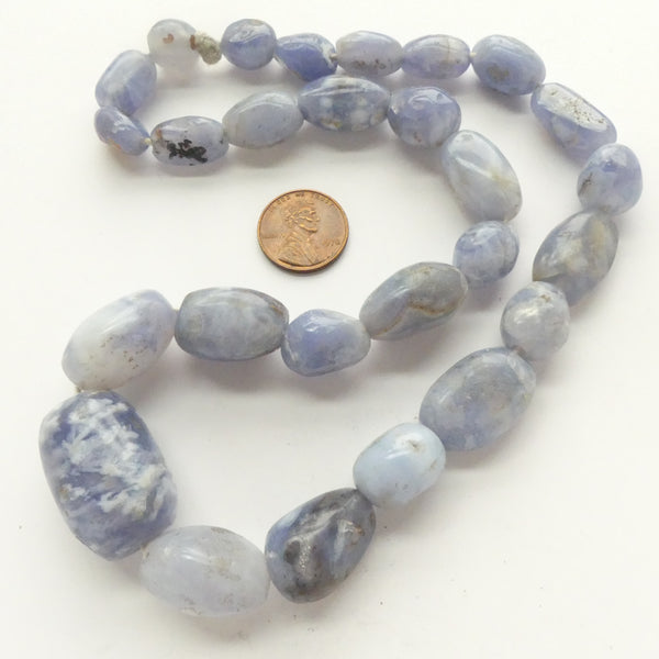Ancient Blue Chalcedoy on 18-inch Strand with 27 beads, Largest 29x19mm