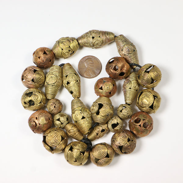 Brass, Lost Wax Cast Beads From Ghana, Strand of 27 Assorted Shapes, Discounted for Flaws