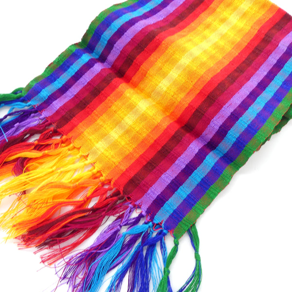 Scarves, Handwoven Cotton with Knotted Fringe, Rainbow Design, 9 inches wide and 4.5 feet long