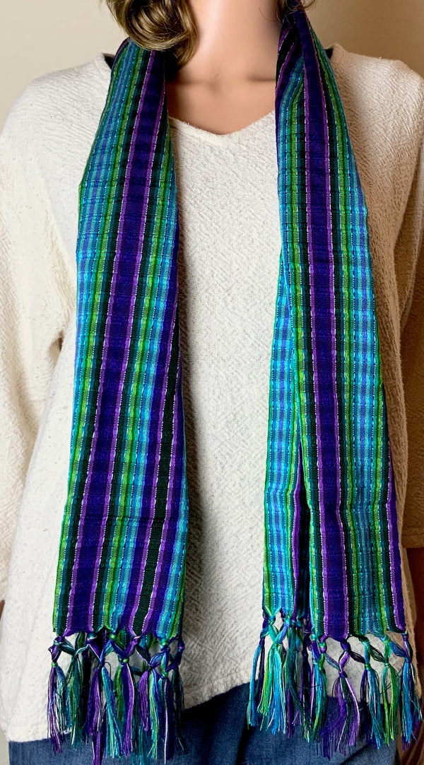 Scarves, Handwoven Cotton with Fringe, Bright Multi Stripe, 9 inches wide, 4.5 ft long