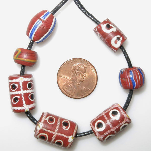 Lampwork, Antique Venetian Brown "Tic Tac Toe" & Other Trade Beads, Set of 7
