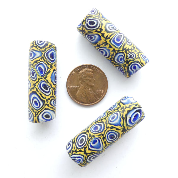 Millefiori Antique Venetian Trade Beads, Set of 3 Blue and Amber