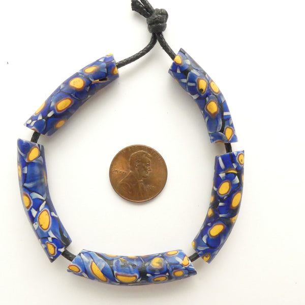 Millefiori, Antique Venetian Trade Beads, Set of 5 Blue Elbow Beads