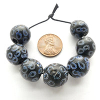 Black Antique Venetian Lampwork, Matched set of 7 Round Beads with Latticino Eyes