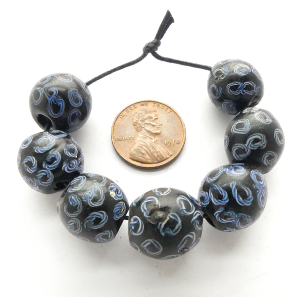 Black Antique Venetian Lampwork, Matched set of 7 Round Beads with Latticino Eyes