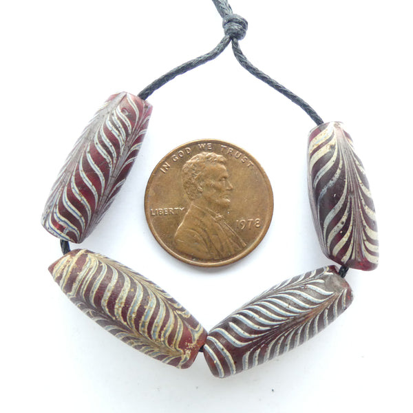 Lampwork, Antique Venetian  Red and White Feather Beads, Set of 4