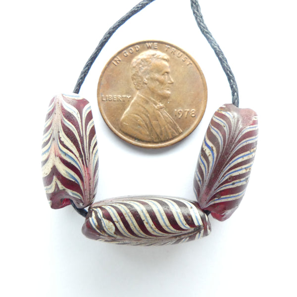 Lampwork, Antique Venetian, Red & White Feather Beads, Set of 3