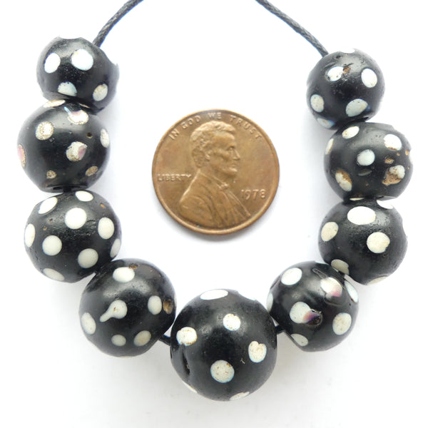 Lampwork, Antique Venetian, Black & White "Skunk" Eye Beads, Set of 9 Beads