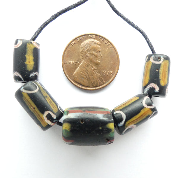 Lampwork, Antique Venetian Trade Beads, Black with White & Color, Set of 5