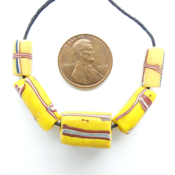 Yellow Antique Venetian Lampwork, Matched Set of 5 Simple Striped Beads
